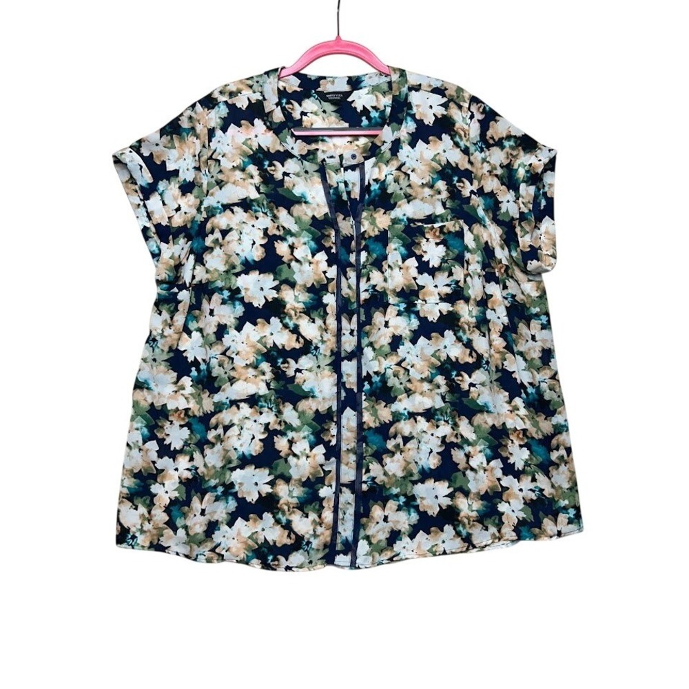 Simply Vera‎ Vera Wang Women 2X Floral Split Neck Short Sleeve Blouse Navy Teal